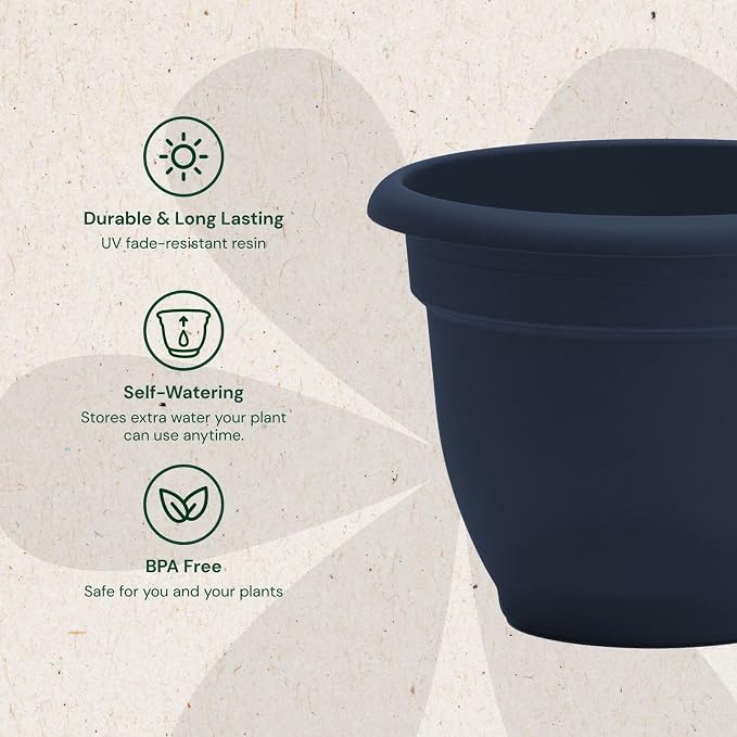 Bloem Ariana 16" Plastic Self-Watering Planter, Navy, 2-Pack | Self-watering disk at the bottom of each pot that acts as a water wick and reservoir for optimal plant health