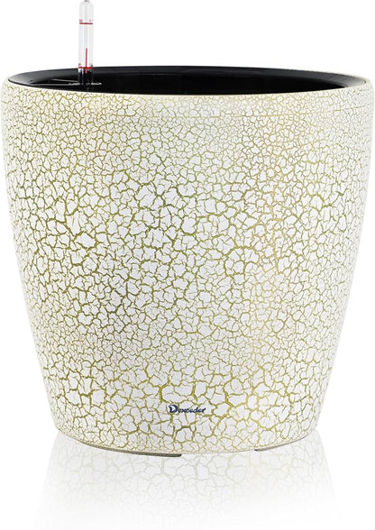 Dexceder 18x17 Self Watering Planter with Wheels (White Gold Crackle) | Inner Pot Design, Thickened Large Floor Standing Flower Plant Pot with Water Level Indicator Indoor Outdoor