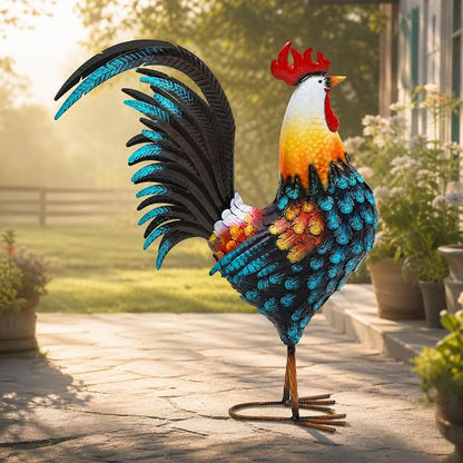 32" Majestic Metal Rooster Yard Decor, Large Outdoor Garden Statue | Outdoor Chicken Sculpture, 3D Hand-Painted, Rustic Farmhouse Style, Weather Resistant Iron, Backyard Patio Lawn Garden