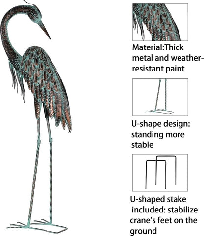 Kircust Garden Crane Statues, Standing Metal Patina Heron Decoy Weather-Resistant and Rustless Outdoor Statue, 42-46 Inch Bird Yard Art for Patio Lawn Pond, Set of 2
