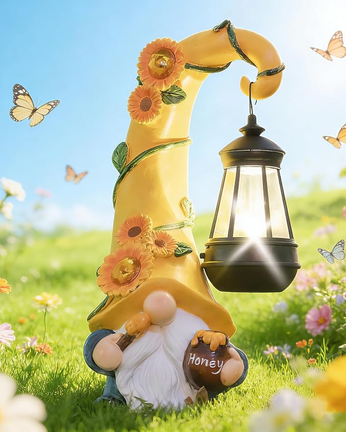 twinbling Birthday Gifts for Women Mom - Garden Gnome Statue with Solar Lights Large Garden Sculptures Funny Bee Gnome Outdoor Patio Lawn Yard Garden Decor 12 in Summer Gnomes Outdoor