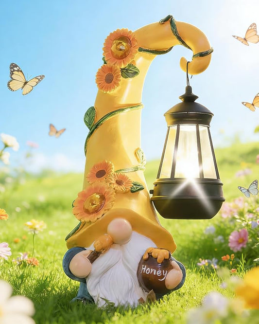 twinbling Birthday Gifts for Women Mom - Garden Gnome Statue with Solar Lights Large Garden Sculptures Funny Bee Gnome Outdoor Patio Lawn Yard Garden Decor 12 in Summer Gnomes Outdoor