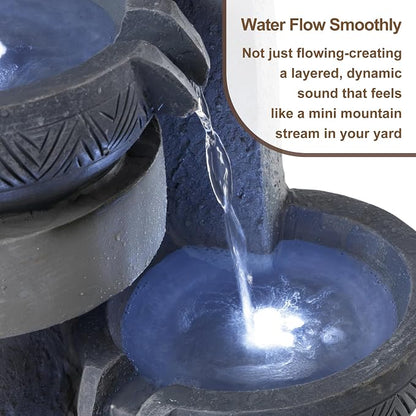 28" Outdoor Water Fountain with Led Lights, 4-Tiered Owl & Calla Lil Water Fountain, Outdoor Garden Waterfall Decor for Garden, Patio, Courtyard (32" Modern Pottery)
