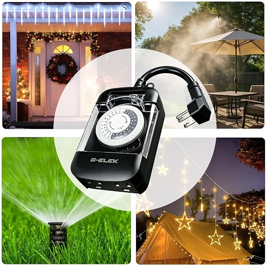 G-ELEK Outdoor Mechanical Timer Plug Waterproof, 24 Hour Daily Cycle, 30 Minute, 3 Prong Grounded 2 Outlets, Heavy Duty Programmable Socket for Christmas Patio Yard Pool Pump, ETL Listed