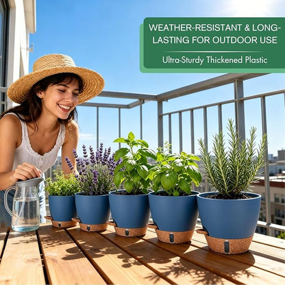 montresor 5-Pack Self Watering Pots for Indoor Outdoor Plants, 10/9/8/7/6.5Inch PP Plastic Planters for Outdoor Plants with Water Level Indicator & Drainage, Self Watering Outdoor Planters (Blue)
