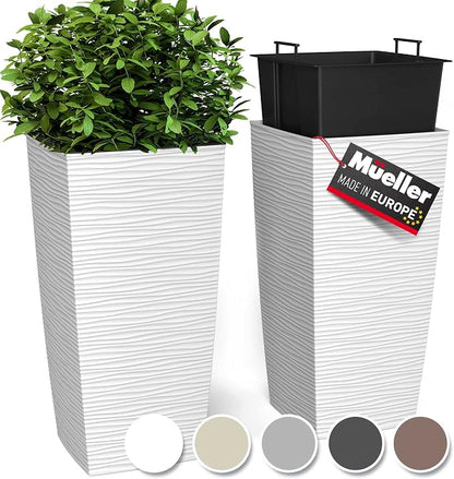 Mueller Janska M-Resin Heavy Duty Tall Planter, Indoor/Outdoor Grande Plant, Tree, Flower Pot, 2-Piece Set, 27.5”, Modern Design, Built-in Drainage, White