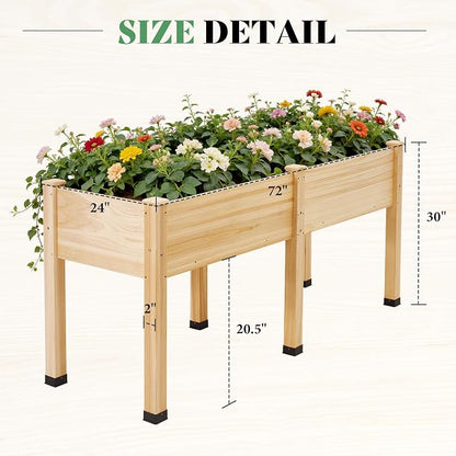 AMERLIFE Raised Garden Bed, 72x24x30 Inches Elevated Wood Planter Box with Bed Liner, Legs, Divider, Drainage Holes, Stand for Backyard, Patio, 350 Lb Capacity - Light Wood