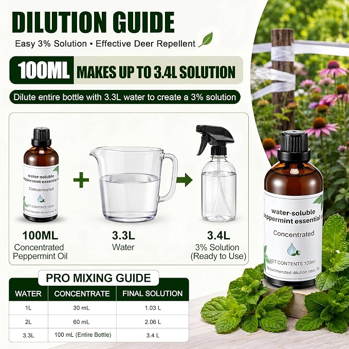 Deer Fence, Deer Tape and Deers Repellent for Plants, 300Ft Deers Ribbon with 100ml Natural Peppermint Spray Concentrate, Dual Action Visual & Scent Garden Barrier for Yard, Orchard, Vegetables