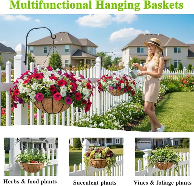 EIMQUVW 4 Pack Hanging Planter Basket with Coco Coin Liner 8 inch Hanging Flower Pots Outdoor Decorative Round Wire Plant Holder with Chain Metal Hanging Baskets for Plants Outdoor