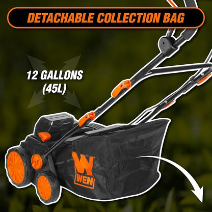 WEN 20V Max Cordless 15-Inch 2-in-1 Brushless Electric Dethatcher and Scarifier with Collection Bag, Two 4.0 Ah Batteries, and Dual-Port Charger (20716)
