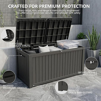 Outdoor Storage Box, 200 Gallon Waterproof Deck Box [Upgraded 3.0], Premium Hydraulic Cushion Storage Chest, High-Load Lockable Two-Seater Patio Storage Bench, Large Country Estate, Black