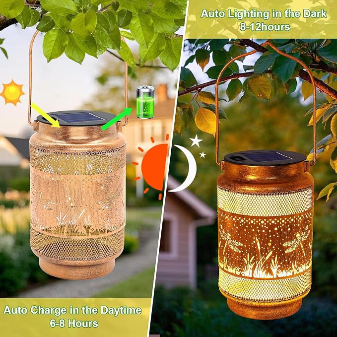Dragonfly Solar Lanterns Outdoor Waterproof with Shepherd Hook, Gifts for Women Mom Grandma Birthday, Metal Solar Hanging Lights Garden Decor for Outside Yard Patio Pathway Backyard Porch