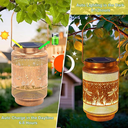 Dragonfly Solar Lanterns Outdoor Waterproof with Shepherd Hook, Gifts for Women Mom Grandma Birthday, Metal Solar Hanging Lights Garden Decor for Outside Yard Patio Pathway Backyard Porch