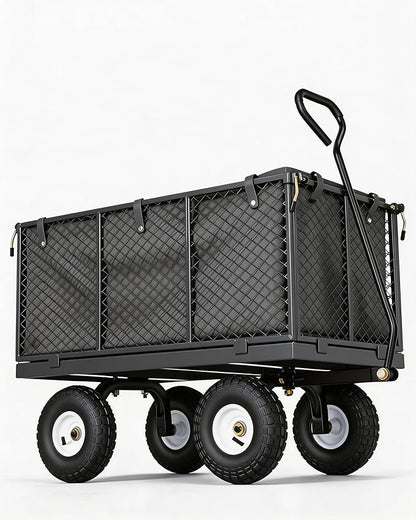 GarveeTech 800LBS Heavy Duty Steel Garden Cart, Garden Wagon Cart on Wheels, Metal Yard Utility Wagon with Removable Mesh Sides, 10" All Terrain Tires, 180° Rotating Handle for Lawn, Garden, Farm