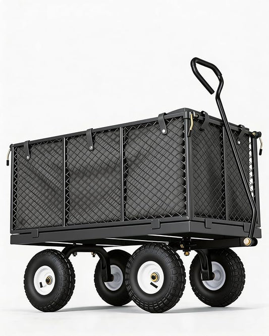 GarveeTech 800LBS Heavy Duty Steel Garden Cart, Garden Wagon Cart on Wheels, Metal Yard Utility Wagon with Removable Mesh Sides, 10" All Terrain Tires, 180° Rotating Handle for Lawn, Garden, Farm