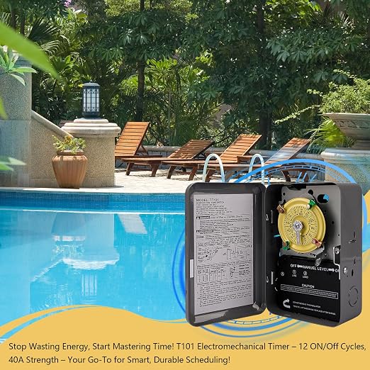 T101 Mechanical Timer Switch - 120V 2HP 40A SPST Electromechanical Timers, 12 ON/Off 24 Hour Timer with Tripper for Lights, Pool Pumps, Water Heater Fans & HVAC Systems