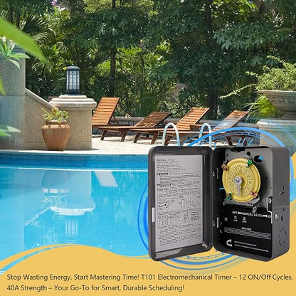 T101 Mechanical Timer Switch - 120V 2HP 40A SPST Electromechanical Timers, 12 ON/Off 24 Hour Timer with Tripper for Lights, Pool Pumps, Water Heater Fans & HVAC Systems
