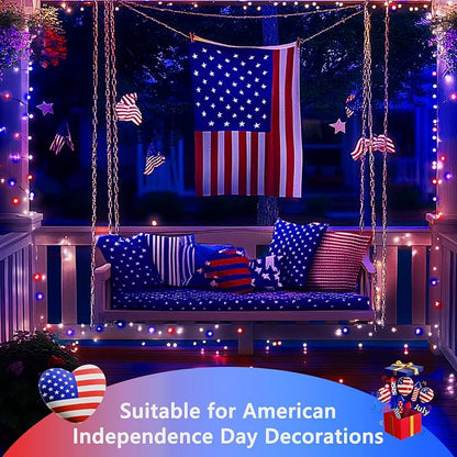 4th of July Decorations Solar String Lights 2Pack 400LED Independence Day Lights for Outside, Red White and Blue Solar Light Waterproof, Copper Wire 8 Modes Twinkle Light for Memorial Day National Day