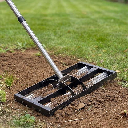 VEVOR Updated Lawn Leveling Rake with Roller, 17" x 10" Stainless Steel Lawn Leveler with 63.4" Adjustable Handle, Heavy Duty Yard Leveling Rake, Effort Saving Lawn Leveling Tool for Yard Golf Court