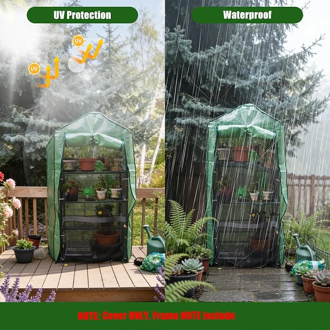 4 Tier Greenhouse Replacement Cover, 63" x 27.2" x 19.3"Greenhouse PE Cover with Roll-Up Zipper Door & Screen Ventilation, Waterproof UV Resistant Outdoor Greenhouse Cover (Frame Not Included)