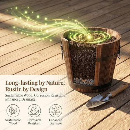 DOITOOL Rustic Wooden Barrel Planter: Wood Whiskey Barrel Bucket Flower Pots Indoor Outdoor Plants Boxes Container for Home Garden Patio Backyard - 7.08 x 5.9 x 5.1 inches (Large)