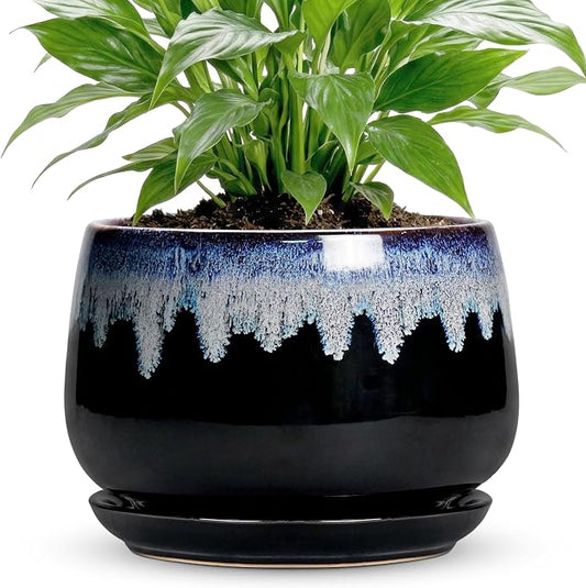 Ceramic Plant Pots 7 Inch - Ceramic Planter with Drainage Hole and Saucer, Decorative Flower Pots for Indoor Plants, Indoor Planter, House Garden Decor, Gifts for Plant Lovers, Black-Blue
