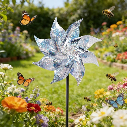 Hausse 12 Pack Reflective Pinwheels with Stakes (Pre-Assembled), Extra Sparkly Pin Wheel for Garden Decor, Bird Repellent Devices Deterrent to Scare Birds Away from Yard Patio Farm, Silver