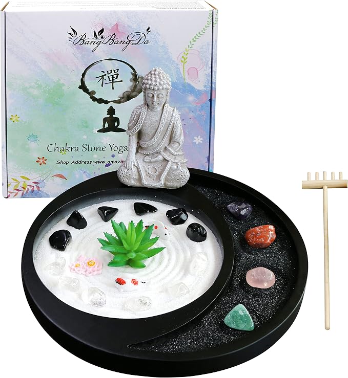 Meditation Buddha Zen Garden Accessories Japanese Desktop Rock Garden with Healing Crystal Stones Shine Altar Sand Tray Therapy Kit Decor Office Home Stress Relief Spiritual Decor Zen Healing Gifts