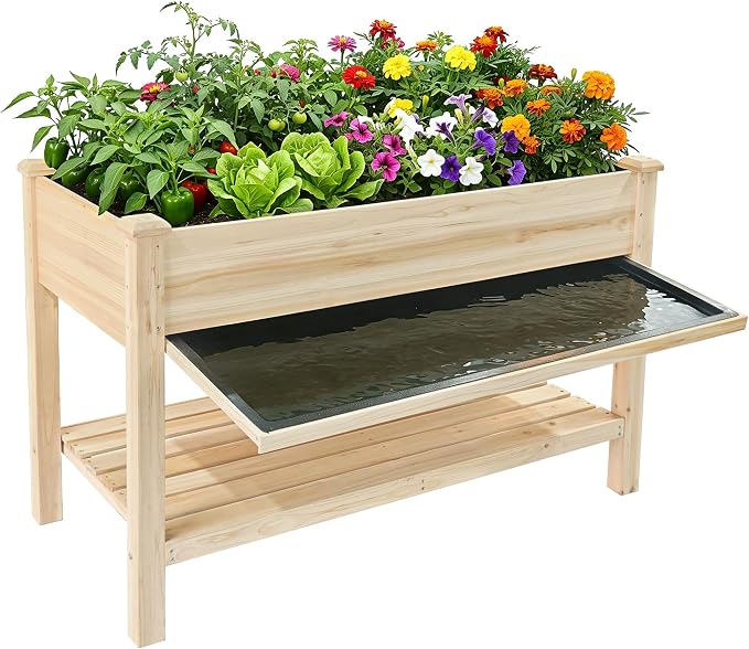 48 x 23 x 31 Inches Raised Garden Bed with Legs, Elevated Wooden Planter Box for Outdoor Plants with Water Collection Tray, Storage Shelf, Protective Liner, Natural