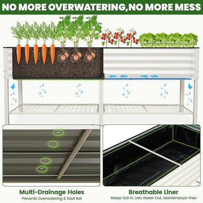 Elevated Raised Garden Bed 2' x 6'- Galvanized Metal Planter Boxes with Legs & Storage Rack, Outdoor Planters for Backyard/Patio/Balcony, with Drainage Holes for Vegetables, Flowers, Herbs, White