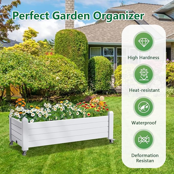 PatioZen Raised Garden Bed with Wheels, 21 Gallon Self-Watering Outdoor Raised Planter Box with Drainage Plug & Gauge for Vegetables Flowers Herbs, Rustproof Resin for Backyard Patio Porch (Ashen)