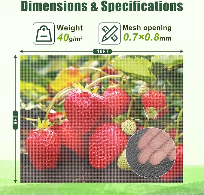 FEED GARDEN Garden Netting 8x10FT Ultra-Fine Mesh PE Cover for Vegetables Fruits Garden Row Cover Raised Bed Durable Protection from Birds Animals