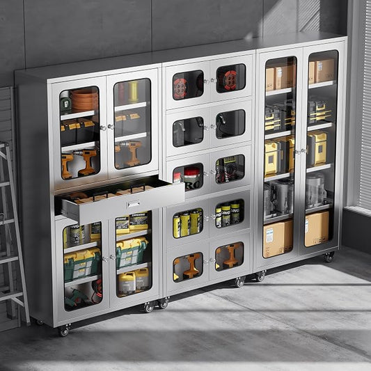 68" Full-Assembled Stainless Steel Cabinet with 1 Drawer and Glass Doors, 6-Tier Rolling Kitchen Pantry Storage Cabinet with Wheels for Garage, Warehouse, Utility Room, Laundry Room, Restaurant, Cafe