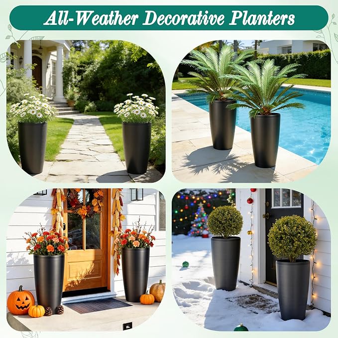 Autodaya 22.8" Tall Black Brushed Resin Planters Set of 2 | High-Density Resin Pots with Drainage Hole For Patio, Garden, Porch, Living Room, Indoor or Outdoor Use, and Gifting
