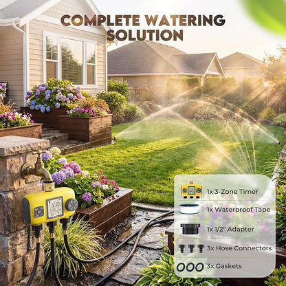 3 Zone Sprinkler Timer for Garden Hose,Garden Hose Timer with Brass Inlet,Programmable Automatic&Manual Irrigation System with LCD Display for Yard/Lawn/Pool,Rain Delay,IPX5 Waterproof