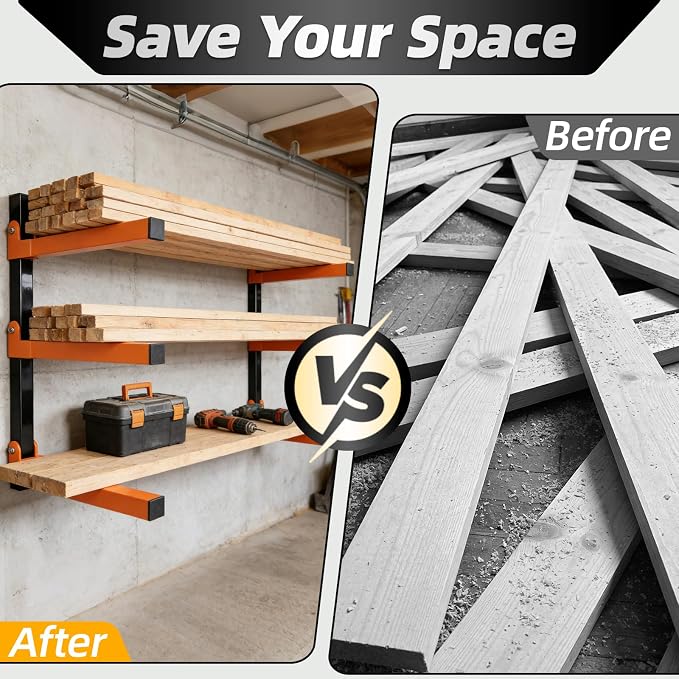 Lumber Storage Rack Wall Mounted 2 Pack, Wood Organizer with 3-Level Holds Up to 660LBS, Heavy Duty Folding Metal Garage Organizer for Indoor and Outdoor, Orange
