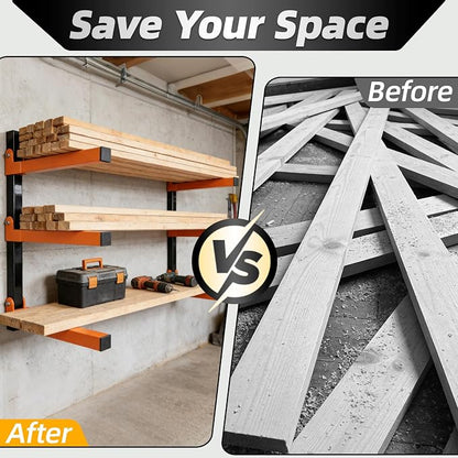 Lumber Storage Rack Wall Mounted 2 Pack, Wood Organizer with 3-Level Holds Up to 660LBS, Heavy Duty Folding Metal Garage Organizer for Indoor and Outdoor, Orange