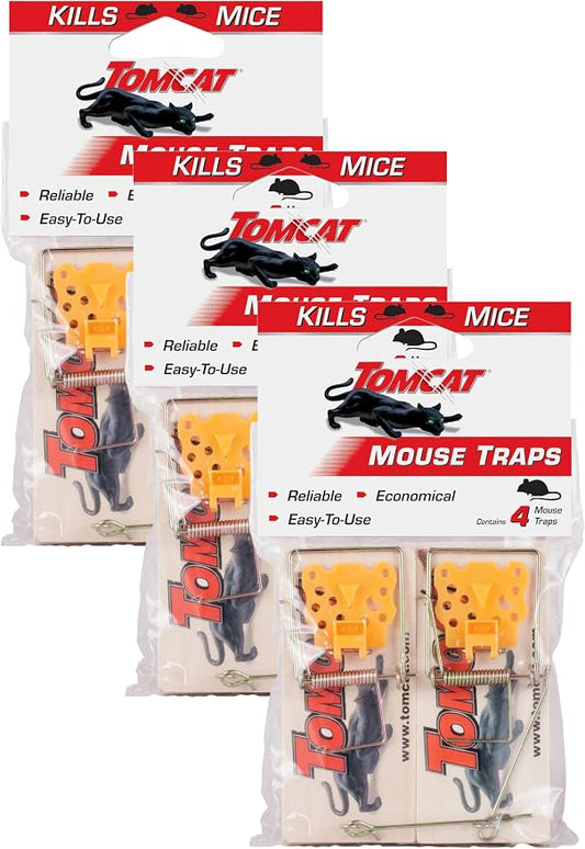Tomcat Wooden Mouse Traps - Disposable Non-Chemical Mouse Trap for Homes,Garages and Basements,4 Count (Pack of 3)