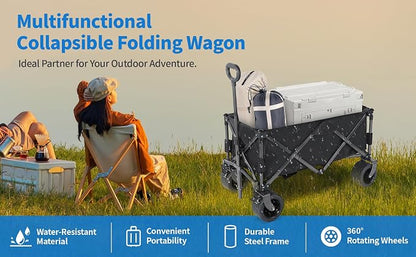 YSSOA Collapsible Folding Wagon, Beach Wagon with Big Wheels, Heavy Duty Foldable Utility Cart, Portable Garden Cart with Adjustable Handle, Foldable Grocery Cart for Camping Sports