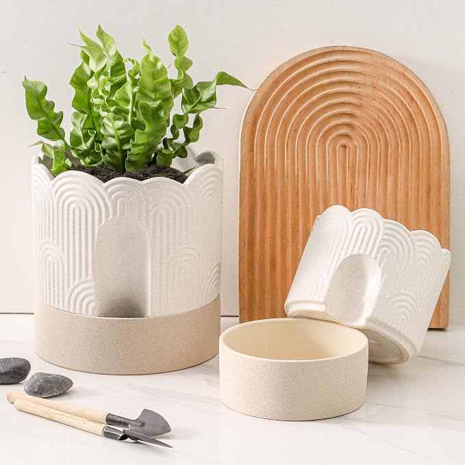 Nihow Ceramic Self Watering Pots for Indoor Plants, 6 Inch,Beige | Visible Water Level Fill Port,Planter with Cotton Wick,Water Storage Plus, Cylinder Round Flower Pot, Succulent/Herbs/Violets