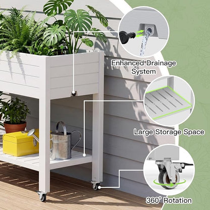 Fancyango Raised Garden Bed with Wheels 33.7" H -Medium Ashen | Resin Elevated Garden Planter Box with Drainage, Outdoor Planter Box for Veggies Herbs Patio Balcony Backyard