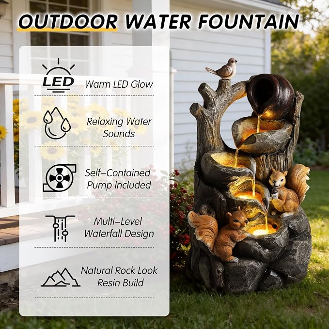 30.1" Outdoor Water Fountain with LED Lights, 4-Tier Waterfall Garden Decor with Squirrel Design, Resin Waterfall Fountain with Pump, Garden Water Feature for Patio Porch Yard, Gray