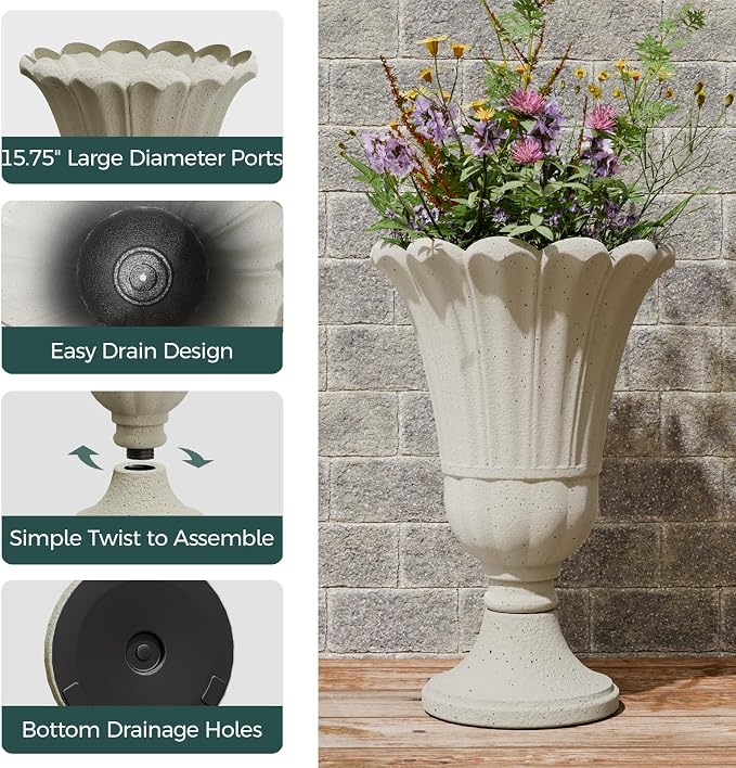 23.6" Tall Plastic Urn Planters for Outdoor Plants, Set of 2 Heavy-Duty Classic Indoor Large Flower Pots with Drainage Holes & Petal Design, Outdoor Planters for Porch, Home Garden, White