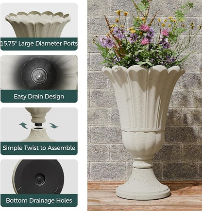 23.6" Tall Plastic Urn Planters for Outdoor Plants, Set of 2 Heavy-Duty Classic Indoor Large Flower Pots with Drainage Holes & Petal Design, Outdoor Planters for Porch, Home Garden, White