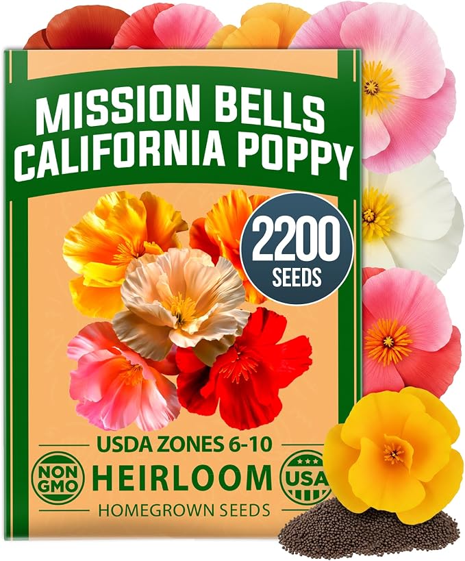 HOME GROWN California Poppy Mission Bells 2200 Seeds (2g) – Flower Seeds for Planting Outdoors, Vibrant Spring & Summer Blooms, Drought Tolerant Annual for Sunny Gardens (Eschscholzia californica)