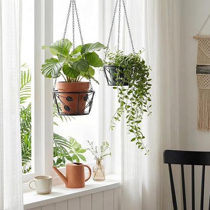 Goaste 2 Pack Metal Plant Hanger, Hanging Plant Holder with Ceiling Hook, Modern Plant Hanging Basket, Decorative Planter Flower Pots Shelf for Indoor Outdoor Use, Home Decor