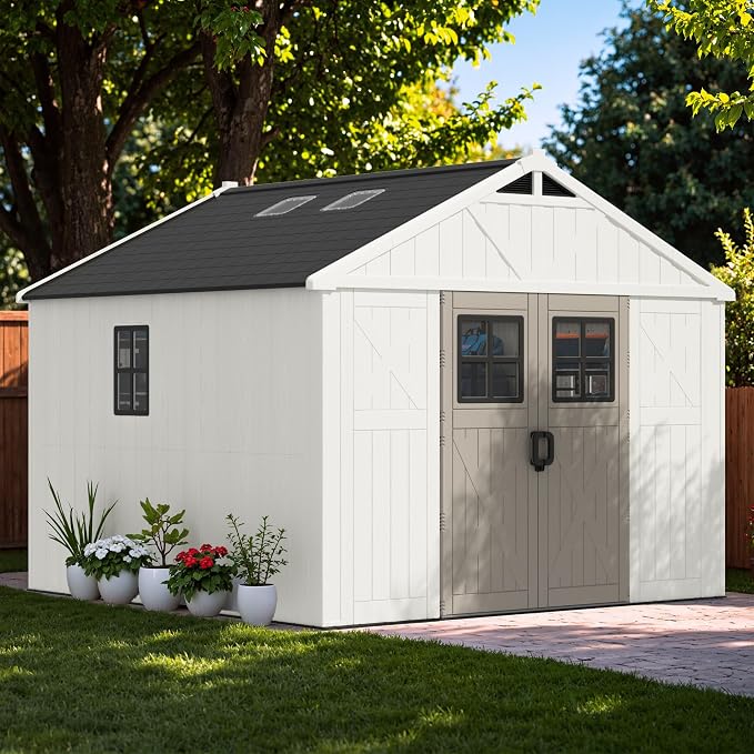Greesum 10X10FT Plastic Outdoor Storage Shed with Floor and Lockable Door, Resin Sheds with 4-Windows and Multiple Skylights, HDPE Kick-it Shed for Garden, Patio, Backyard, Beige