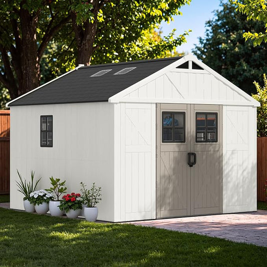 Greesum 10X10FT Plastic Outdoor Storage Shed with Floor and Lockable Door, Resin Sheds with 4-Windows and Multiple Skylights, HDPE Kick-it Shed for Garden, Patio, Backyard, Beige