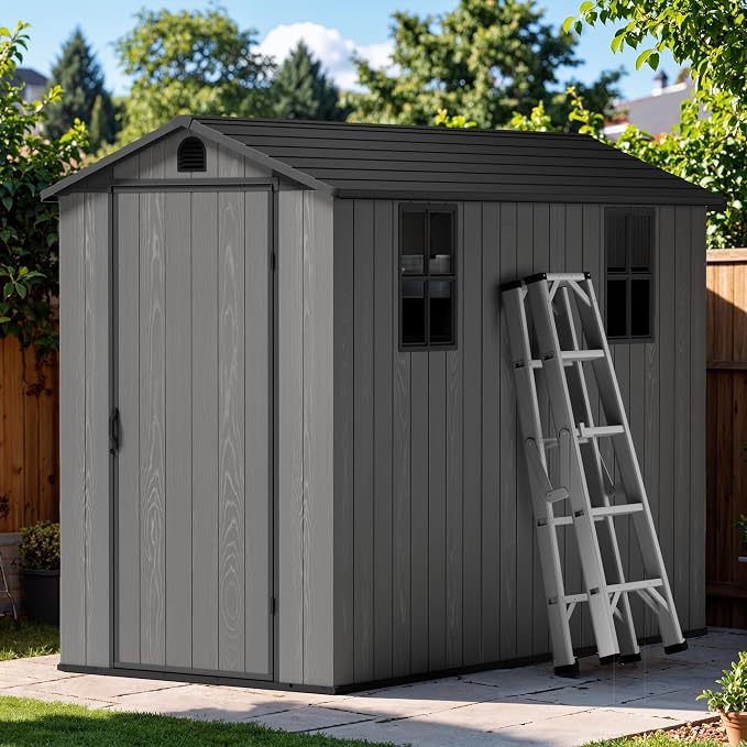 Greesum 4x8FT Plastic Storage Shed with Floor, Resin Outdoor Storaged Sheds with Lockable Door, All Weather Durable Tool Shed with Window and Vent for Yard, Patio, Garden, Dark Gray