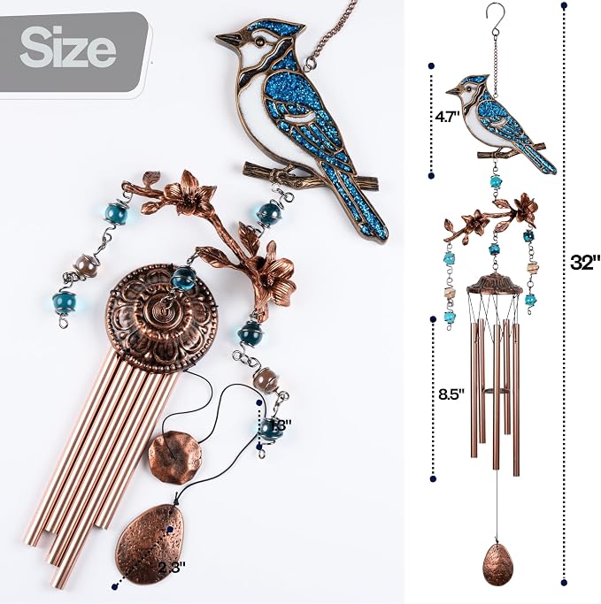 Wind Chimes - Wind Chimes for Outside Deep Tone 32 inches 5 Aluminum Tubes, Birthday, Memorial, Gifts for Mom, Grandma, Daughter, Decoration for Home, Garden, Patio, Backyard (32" Bluejay)